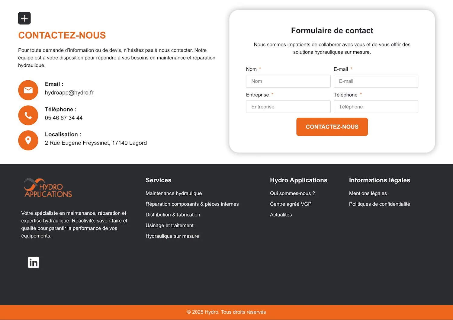 Hydro Application — contact et pied de page
